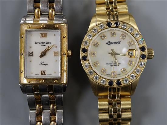 A ladys steel and gold Raymond Weil Tango wrist watch and a ladys Ingersoll wrist watch.